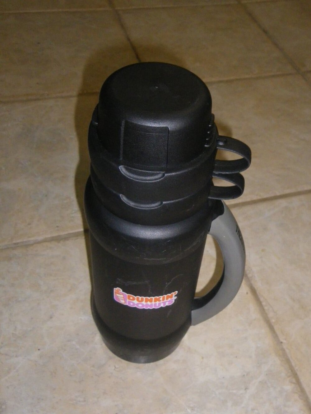 Dunkin Donuts Black Tall Travel Thermos 1 Liter w/ 2 Cups Super Convenient!